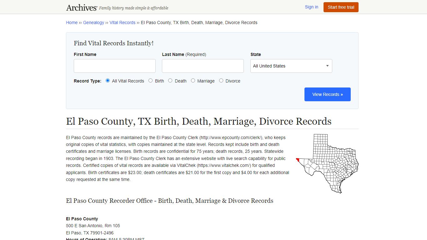 El Paso County, TX Birth, Death, Marriage, Divorce Records - Archives.com